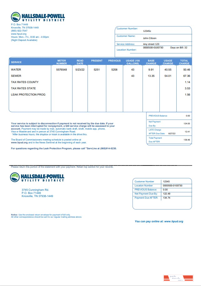 USA Hallsdale Powell utility bill template in Word and PDF format